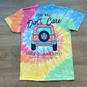 Simply Southern “Mud Hair Don’t Care” Tie Dye Jeep T-Shirt, Women’s Small EUC